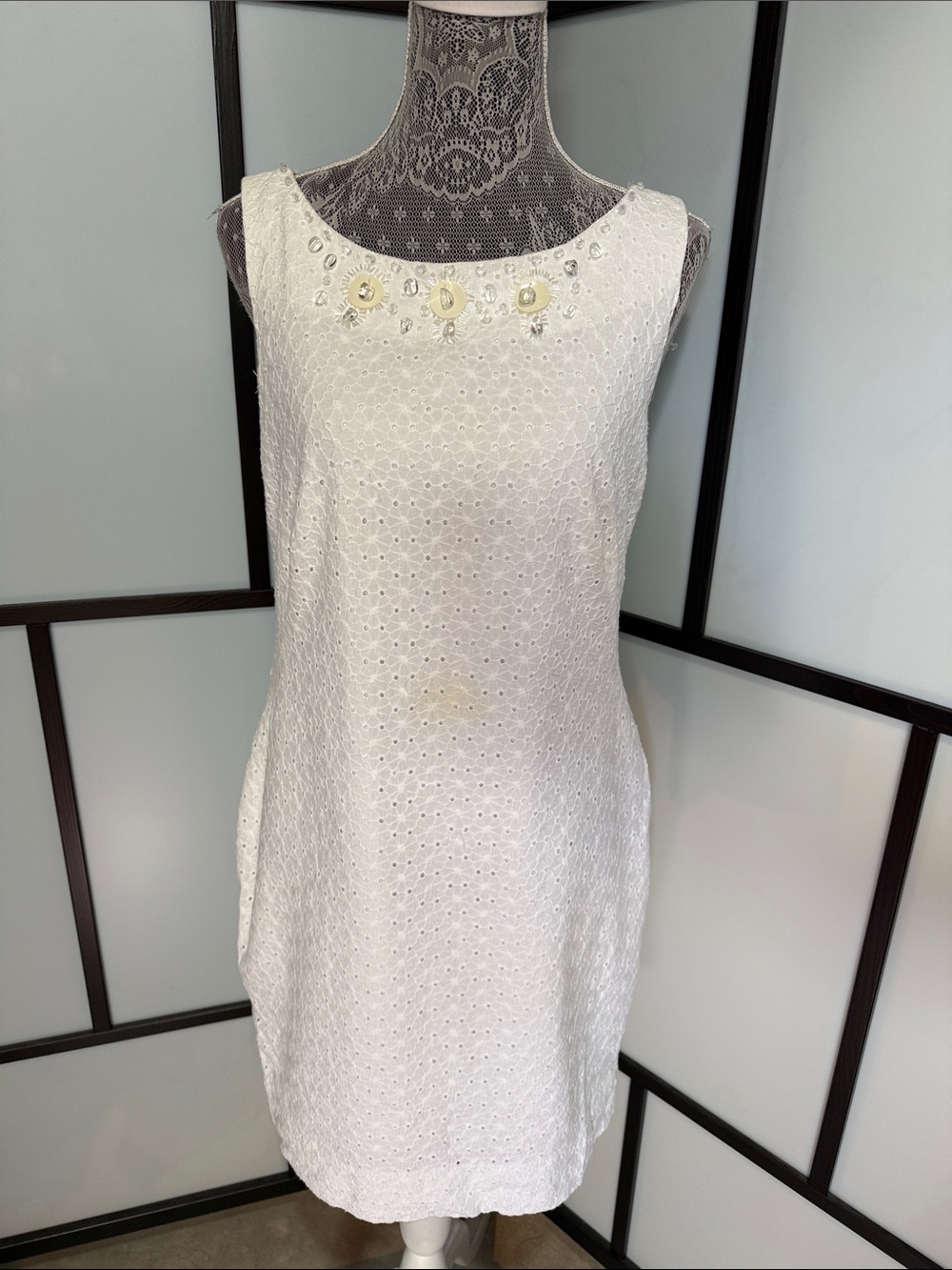 Signature by Robbie Bee White Eyelet Shift Dress with Beaded Accents